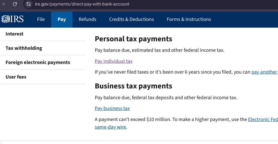 choose payment type IRS direct